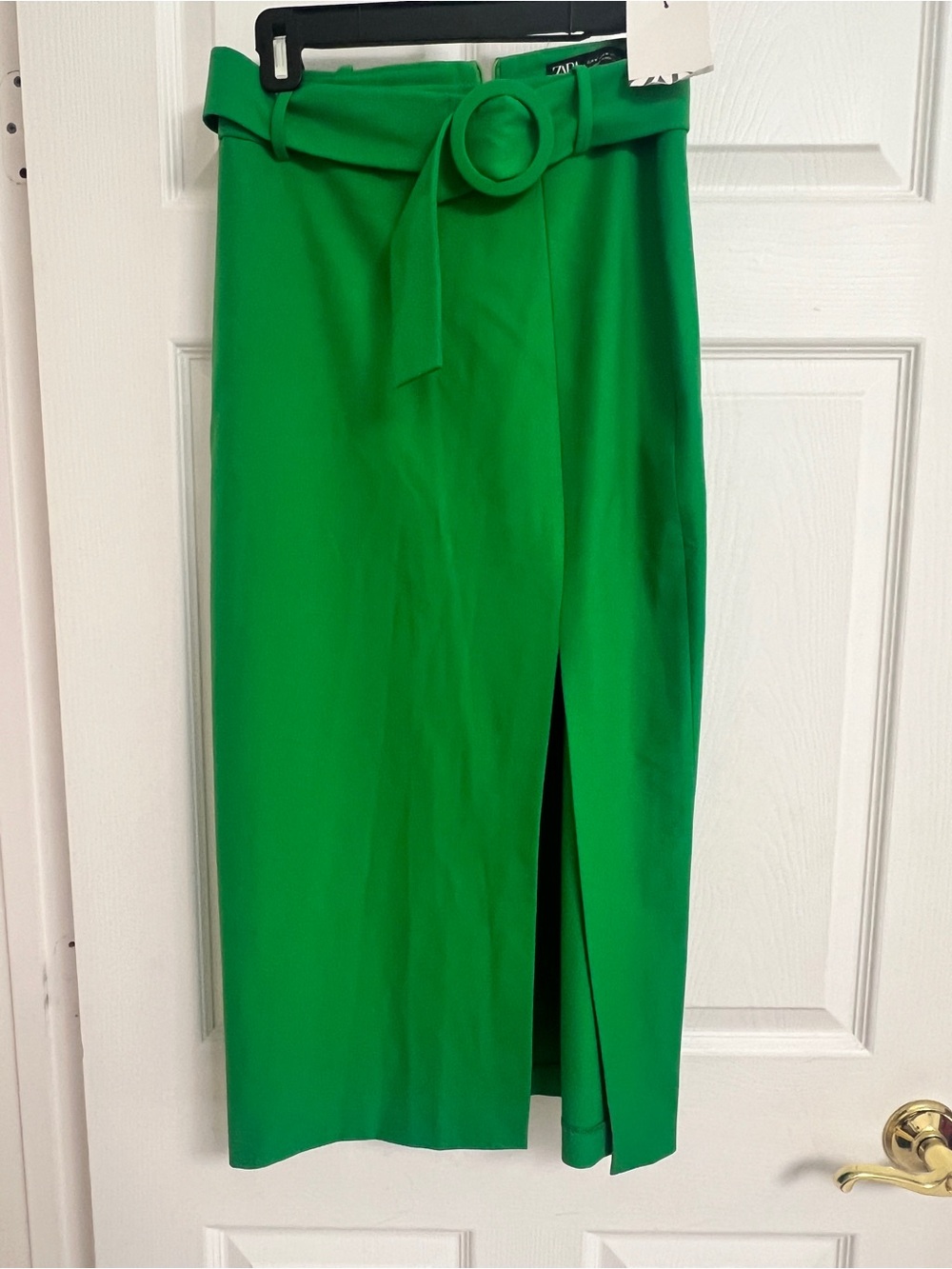 Zara Vibrant Green Belted Midi Skirt with Front Slit